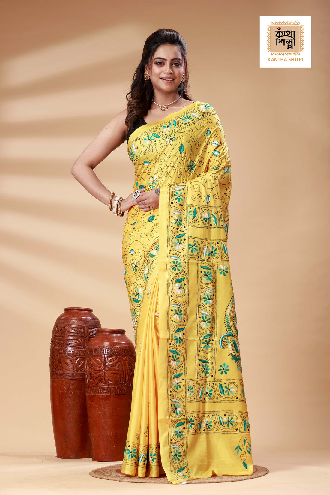 Yellow Color Bangalore Silk Green-White color Thread Work Kantha Stitch Saree