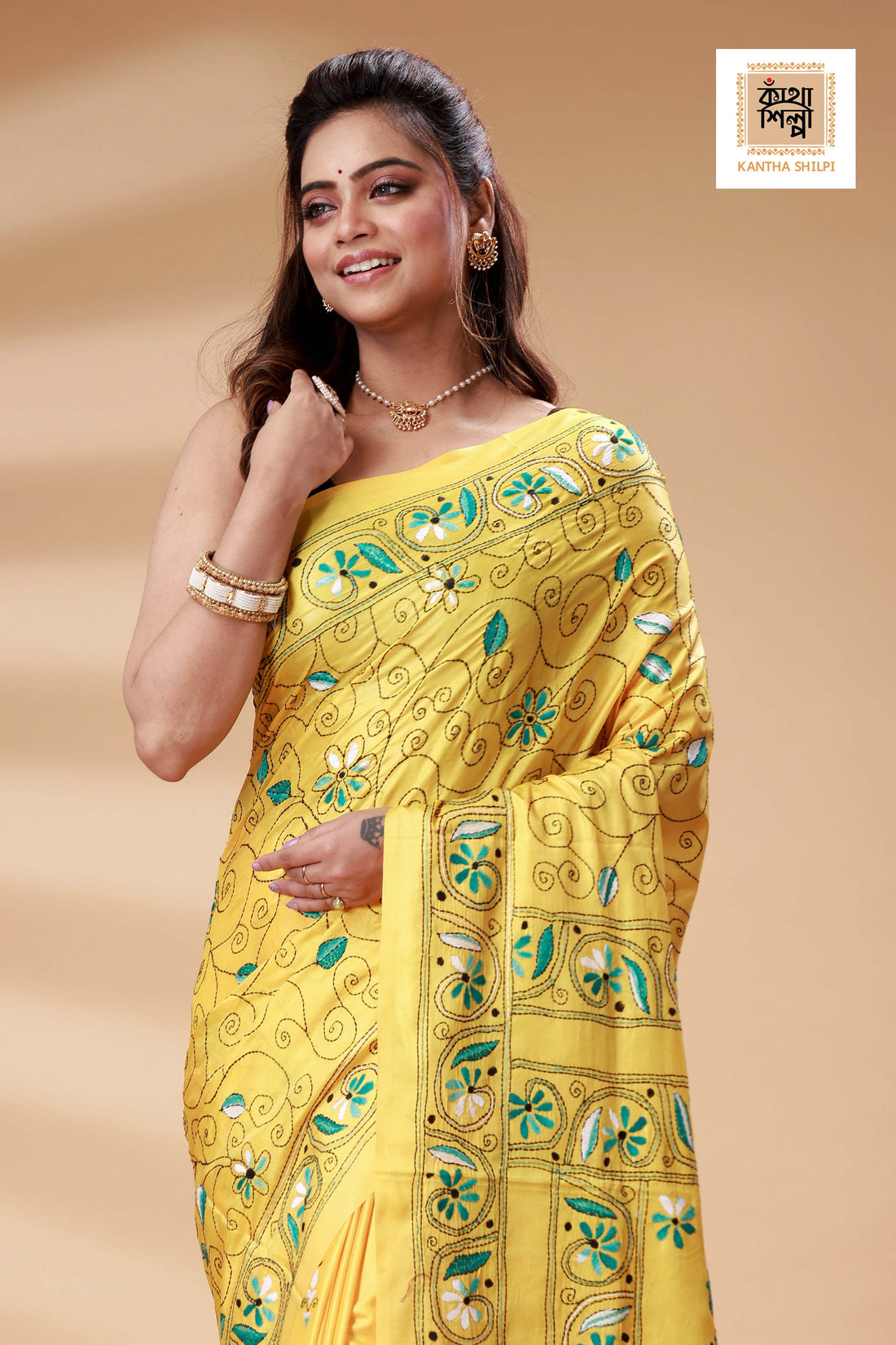 Yellow Color Bangalore Silk Green-White color Thread Work Kantha Stitch Saree