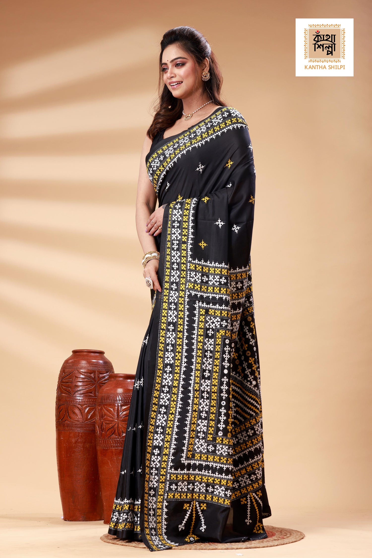 Black Bangalore Silk White-yellow color Thread Work Gujrati Stitch Saree