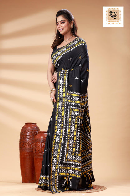 Black Bangalore Silk White-yellow color Thread Work Gujrati Stitch Saree