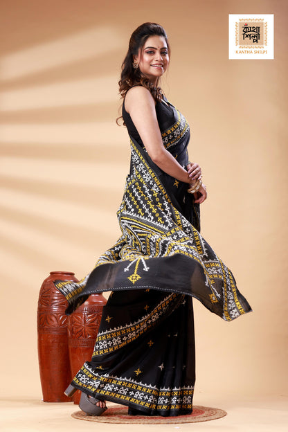 Black Bangalore Silk White-yellow color Thread Work Gujrati Stitch Saree