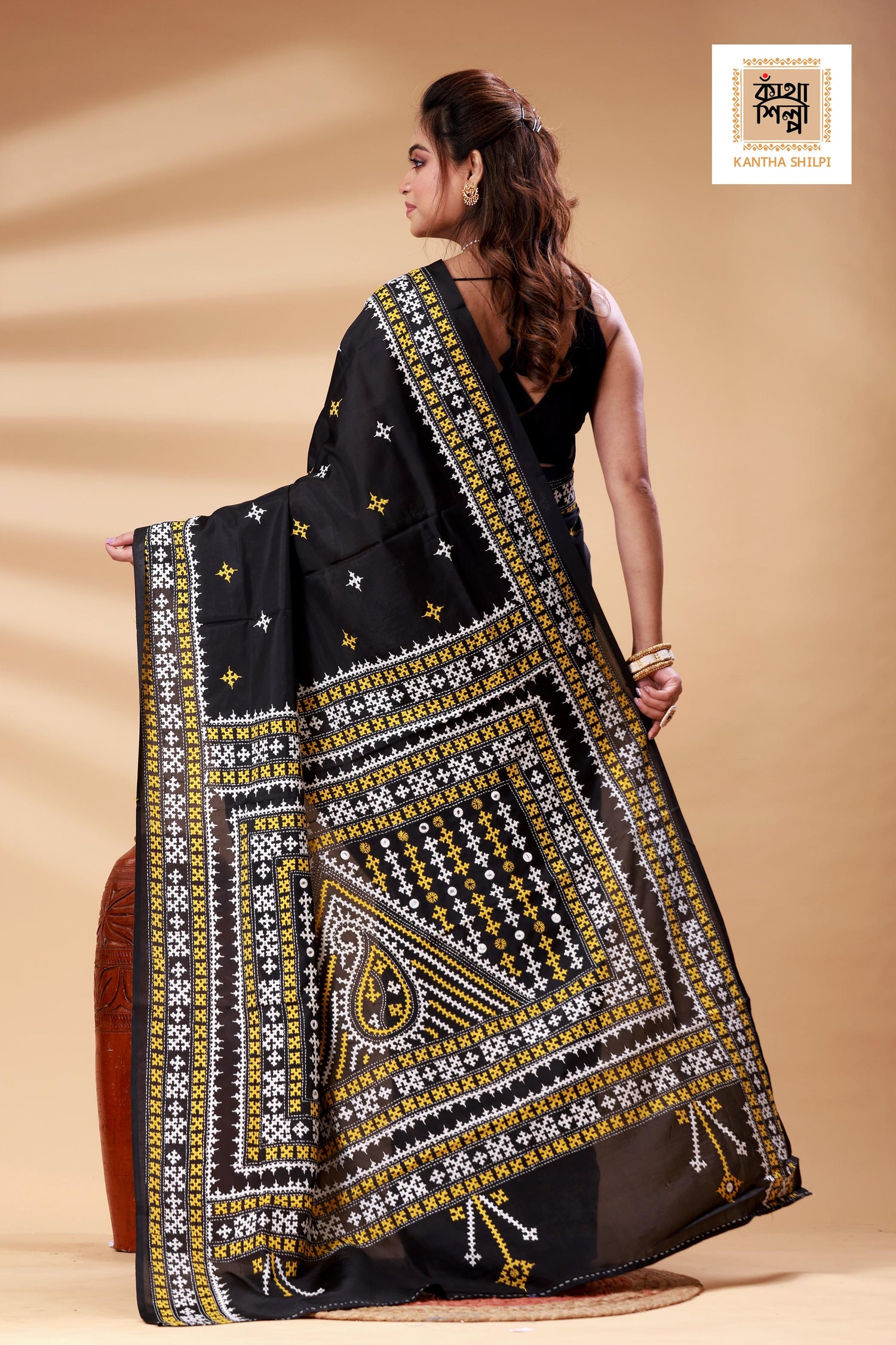 Black Bangalore Silk White-yellow color Thread Work Gujrati Stitch Saree