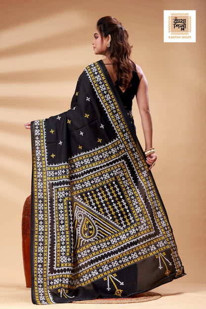 Black Bangalore Silk White-yellow color Thread Work Gujrati Stitch Saree