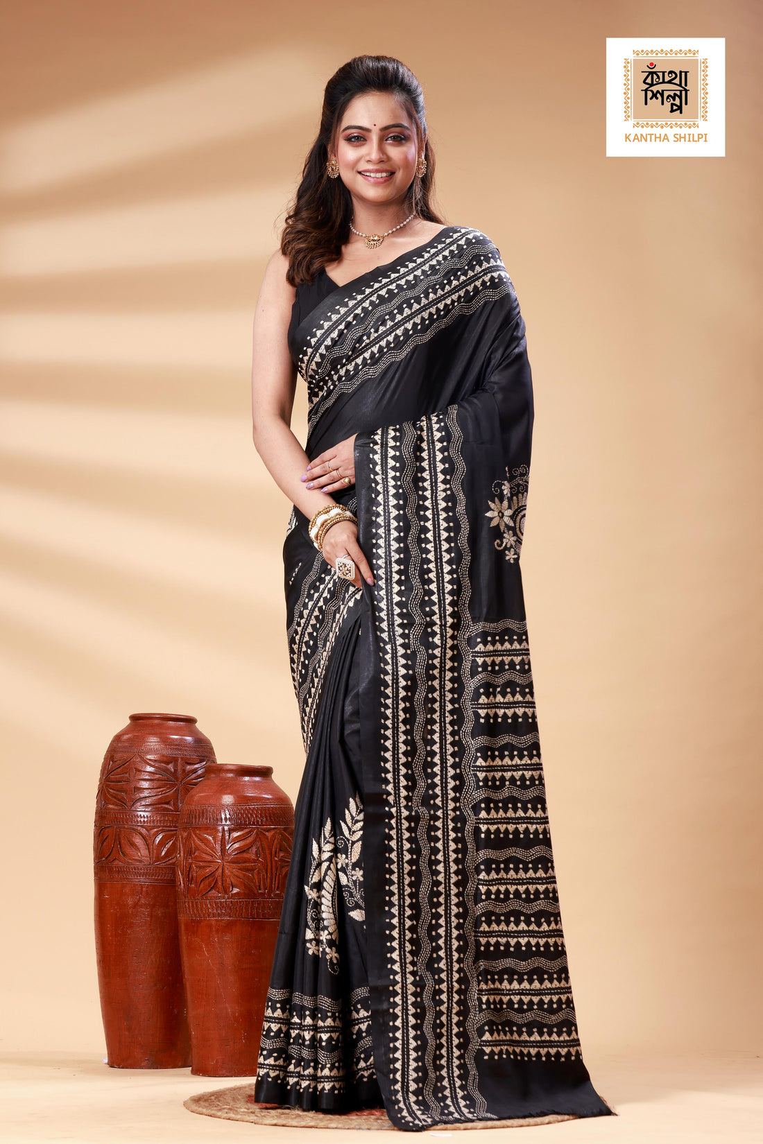 Black Color Bangalore Silk Beige color Thread Work Kantha Stitch Saree