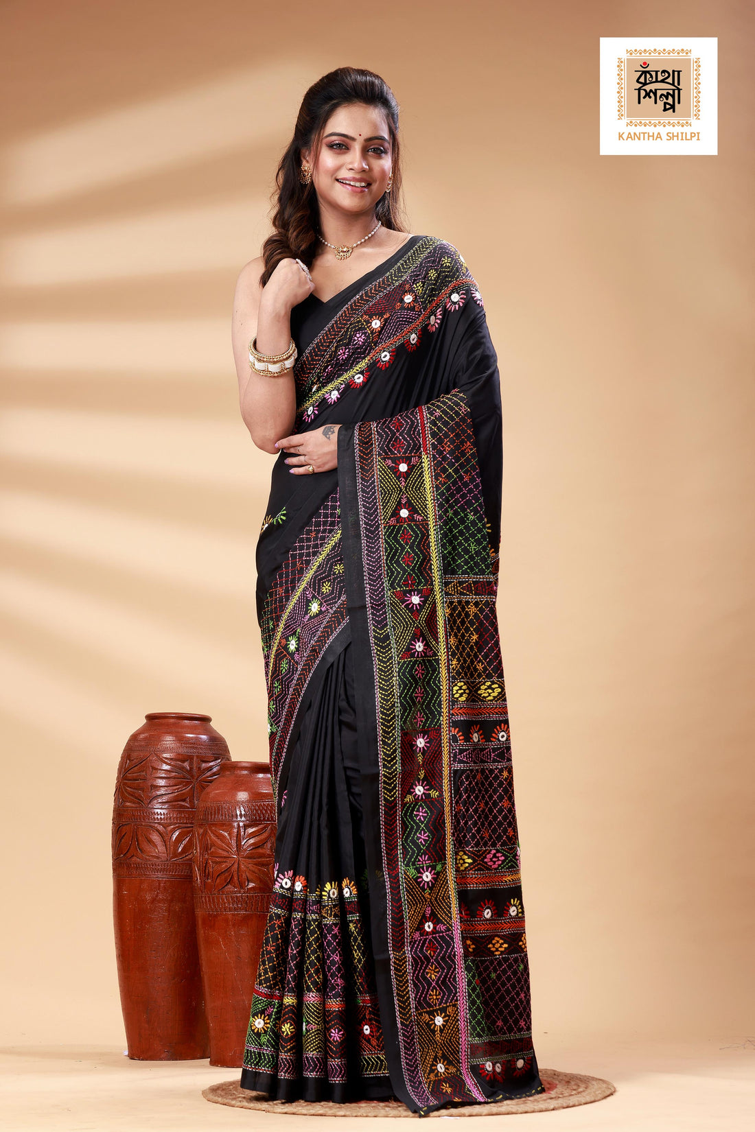 Black Color Bangalore Silk Multicolor Thread Work Lambani Stitch Saree
