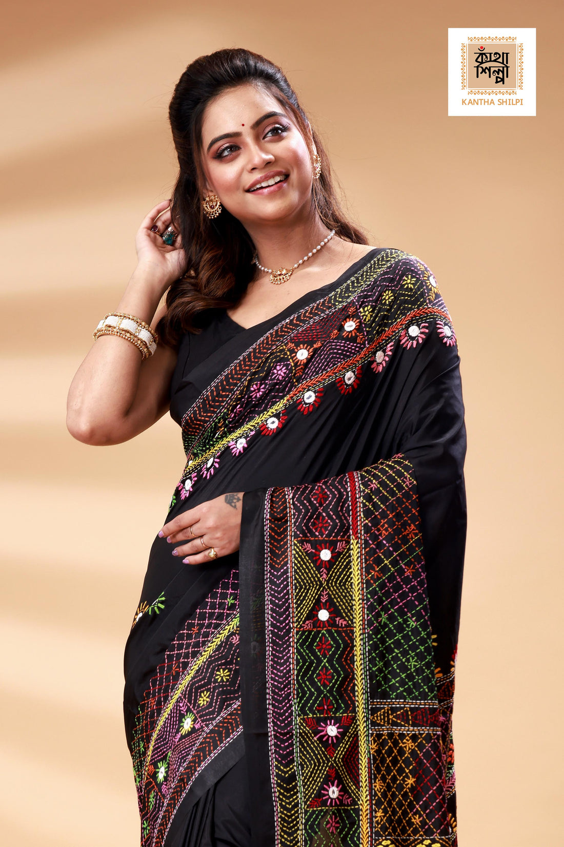 Black Color Bangalore Silk Multicolor Thread Work Lambani Stitch Saree