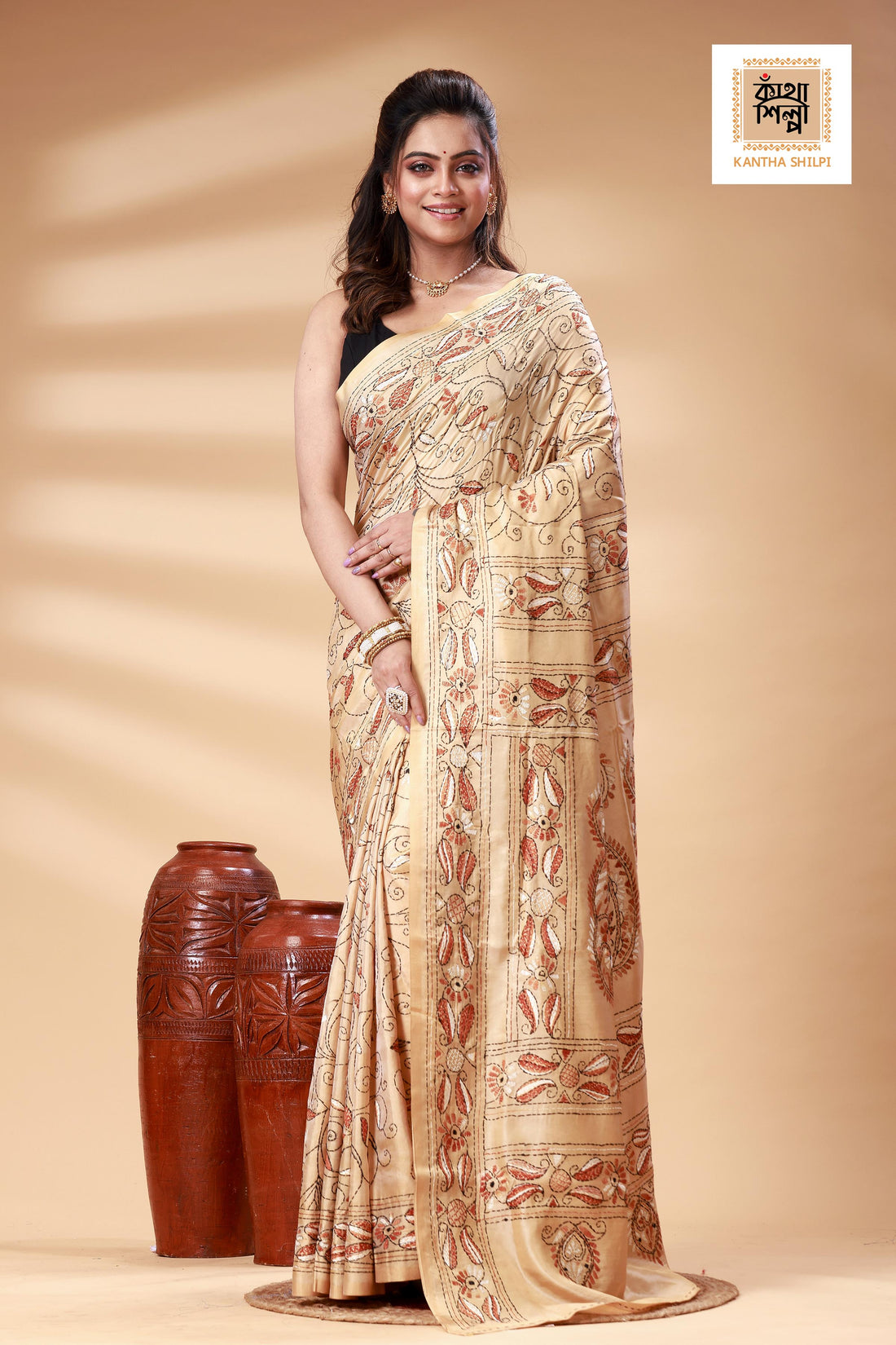 Beige Color Bangalore Silk Multicolor Thread Work Kantha Stitch Saree