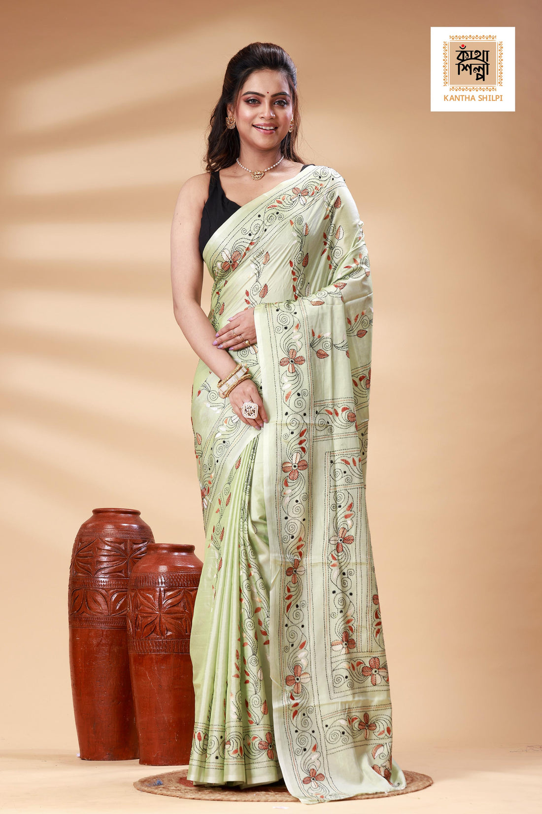 Thistle Green Color Bangalore Silk Multicolor Thread Work Kantha Stitch Saree