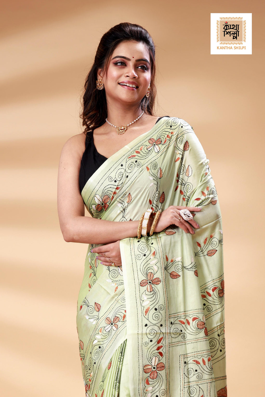 Thistle Green Color Bangalore Silk Multicolor Thread Work Kantha Stitch Saree