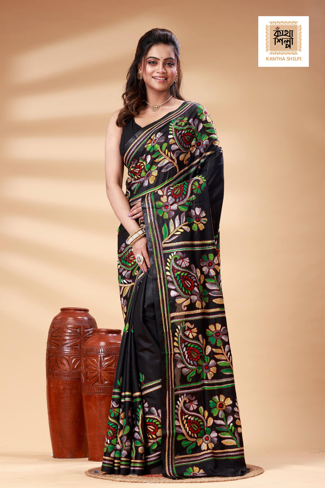 Black Color Bangalore Silk Multicolor Thread Work Kantha Stitch Saree