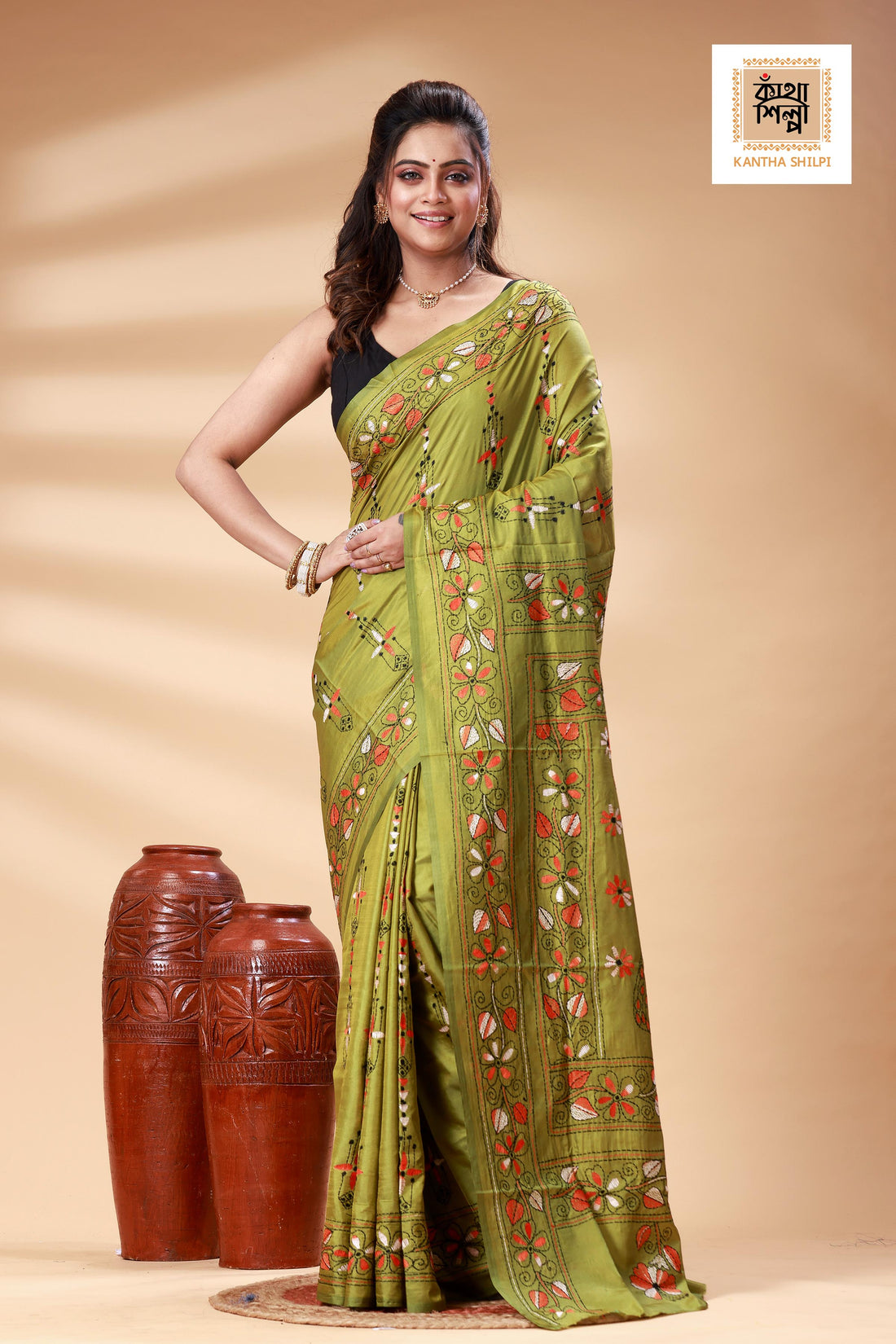 Olive Green Color Bangalore Silk Multicolor Thread Work Kantha Stitch Saree