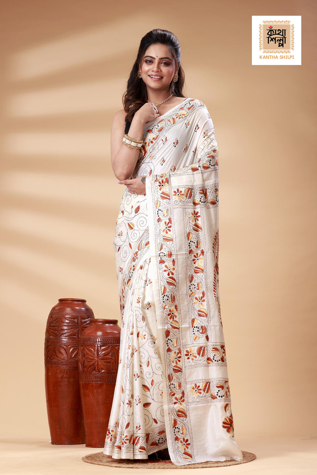 White Color Bangalore Silk Multicolor Thread Work Kantha Stitch Saree