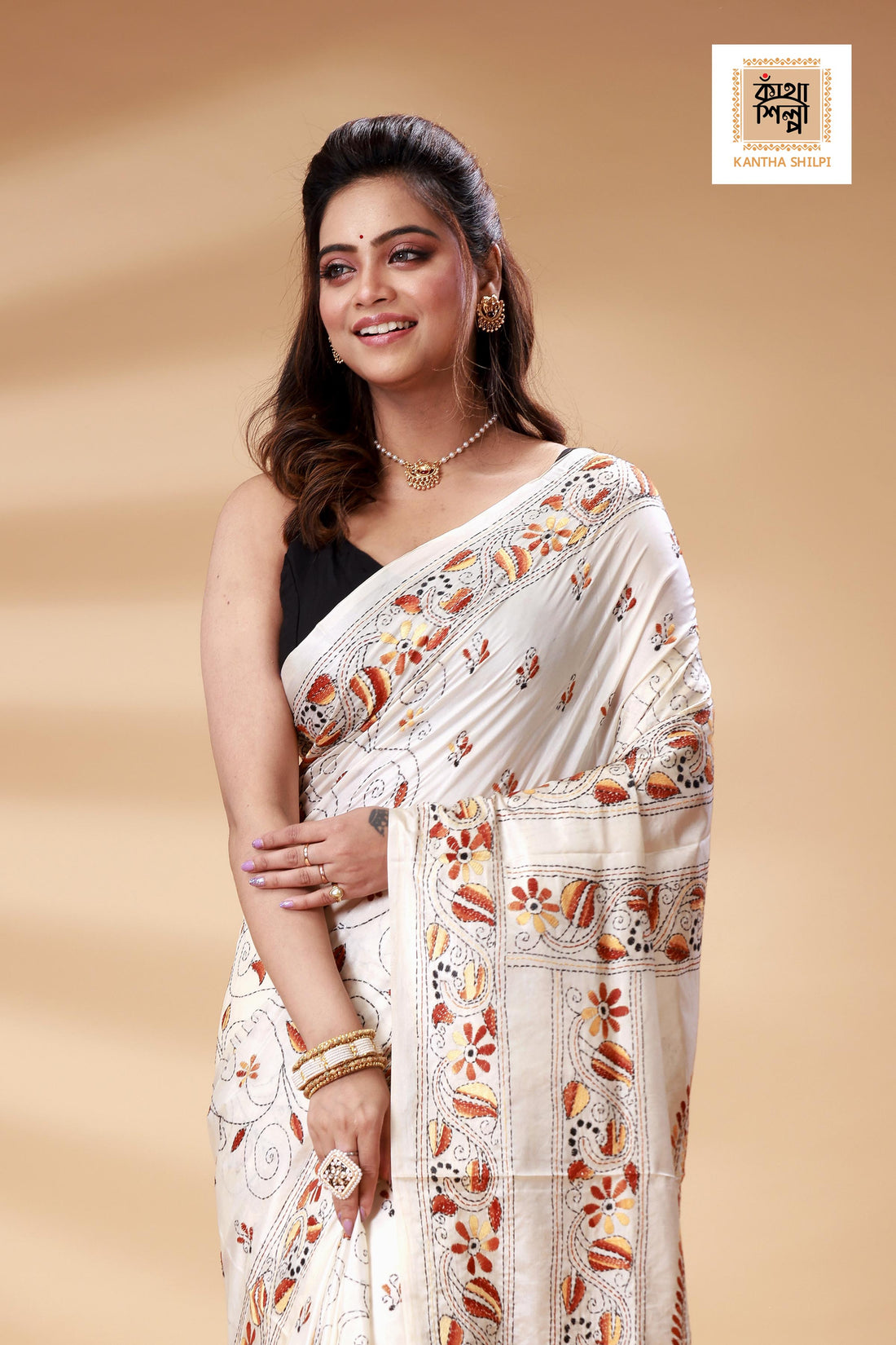 White Color Bangalore Silk Multicolor Thread Work Kantha Stitch Saree