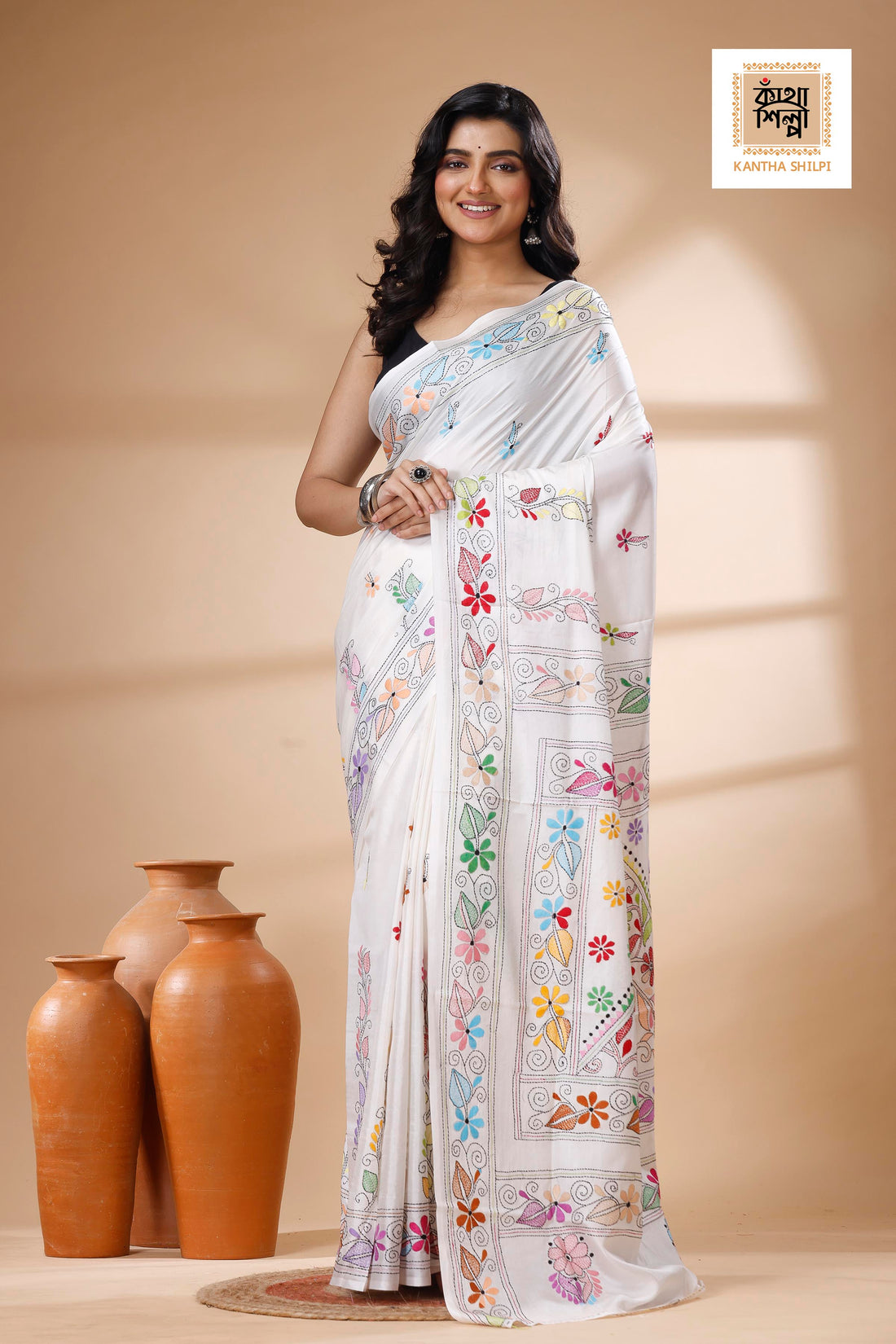 White Color Bangalore Silk Multicolor Thread Work Kantha Stitch Saree