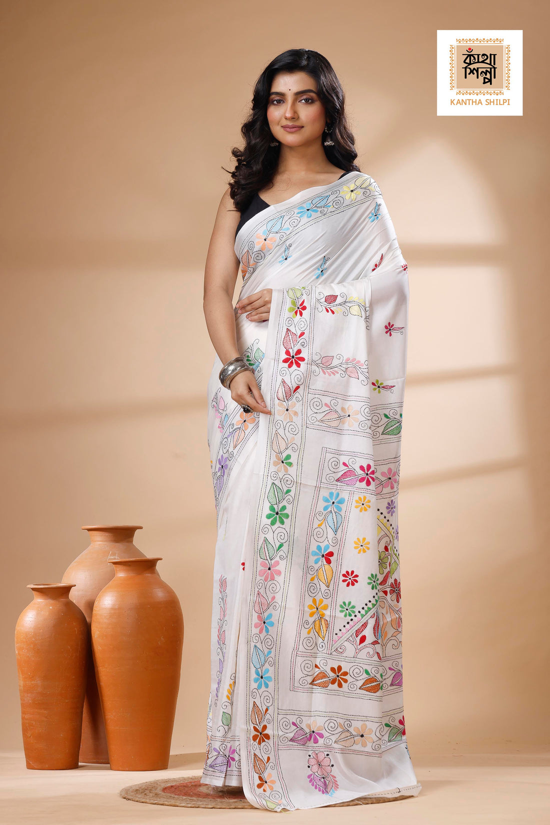 White Color Bangalore Silk Multicolor Thread Work Kantha Stitch Saree