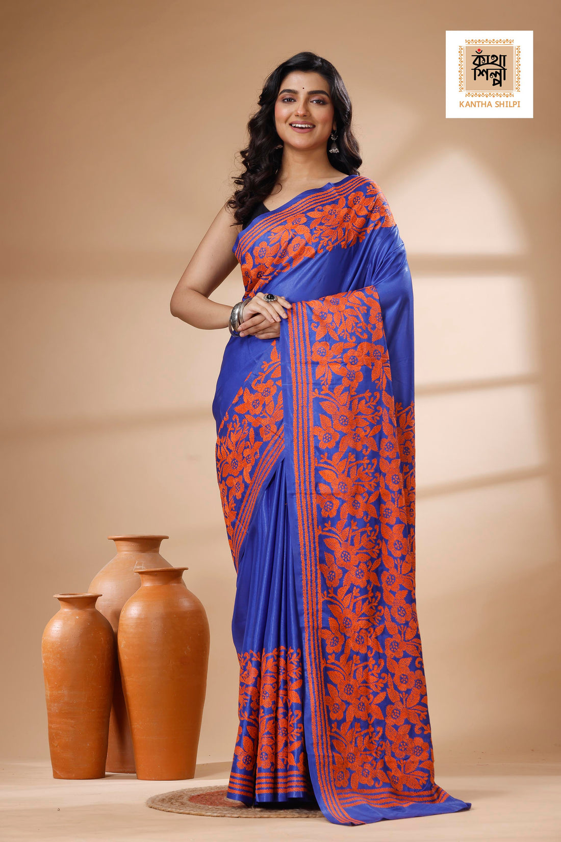 Blue Color Bangalore Silk Orange color Thread Work Kantha Stitch Saree