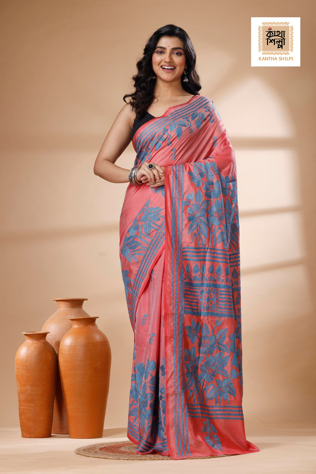 Pink Color Bangalore Silk Blue color Thread Work Kantha Stitch Saree
