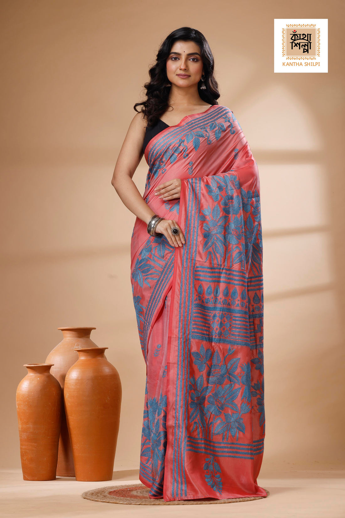 Pink Color Bangalore Silk Blue color Thread Work Kantha Stitch Saree
