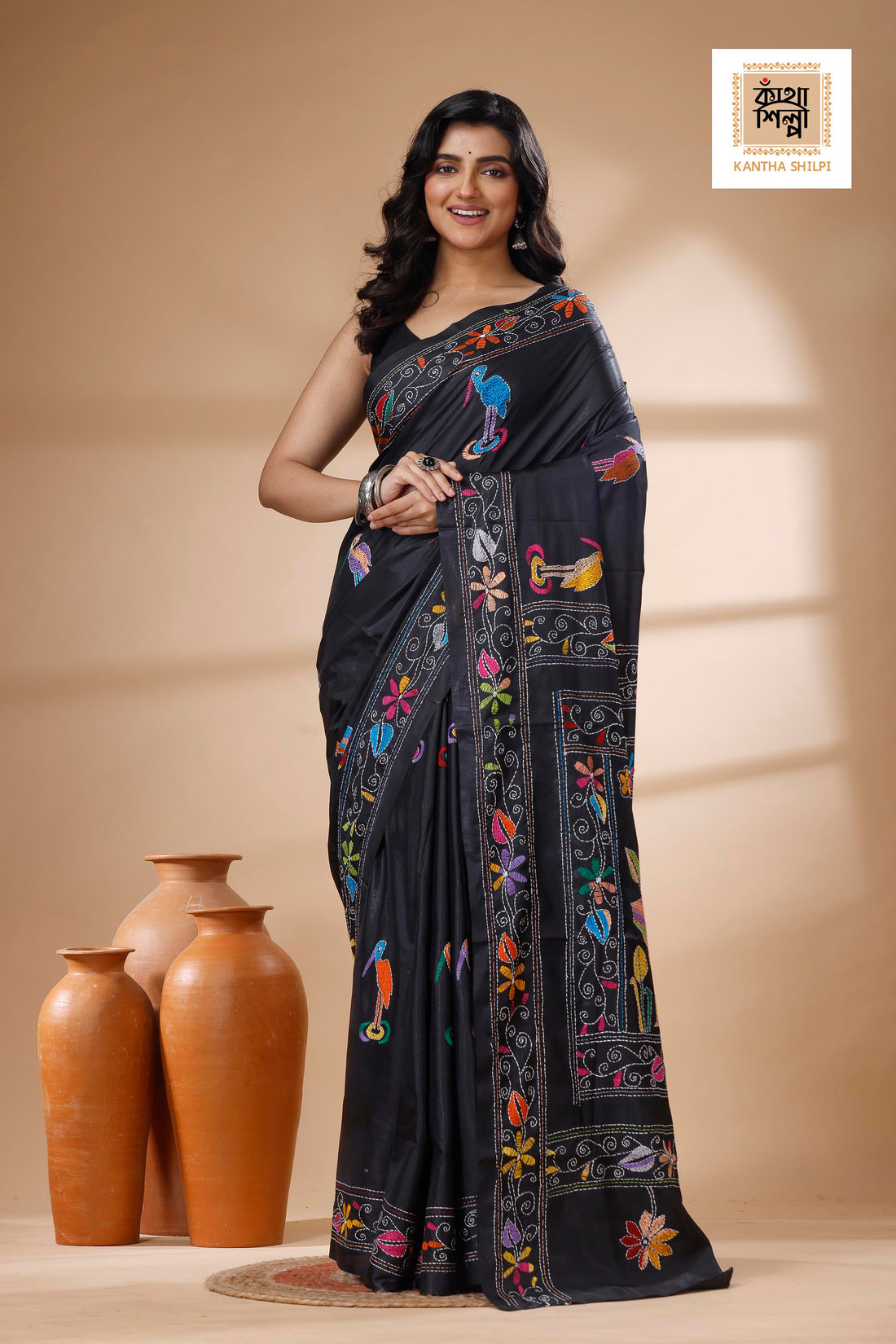 Black Color Bangalore Silk Multicolor Thread Work Kantha Stitch Saree