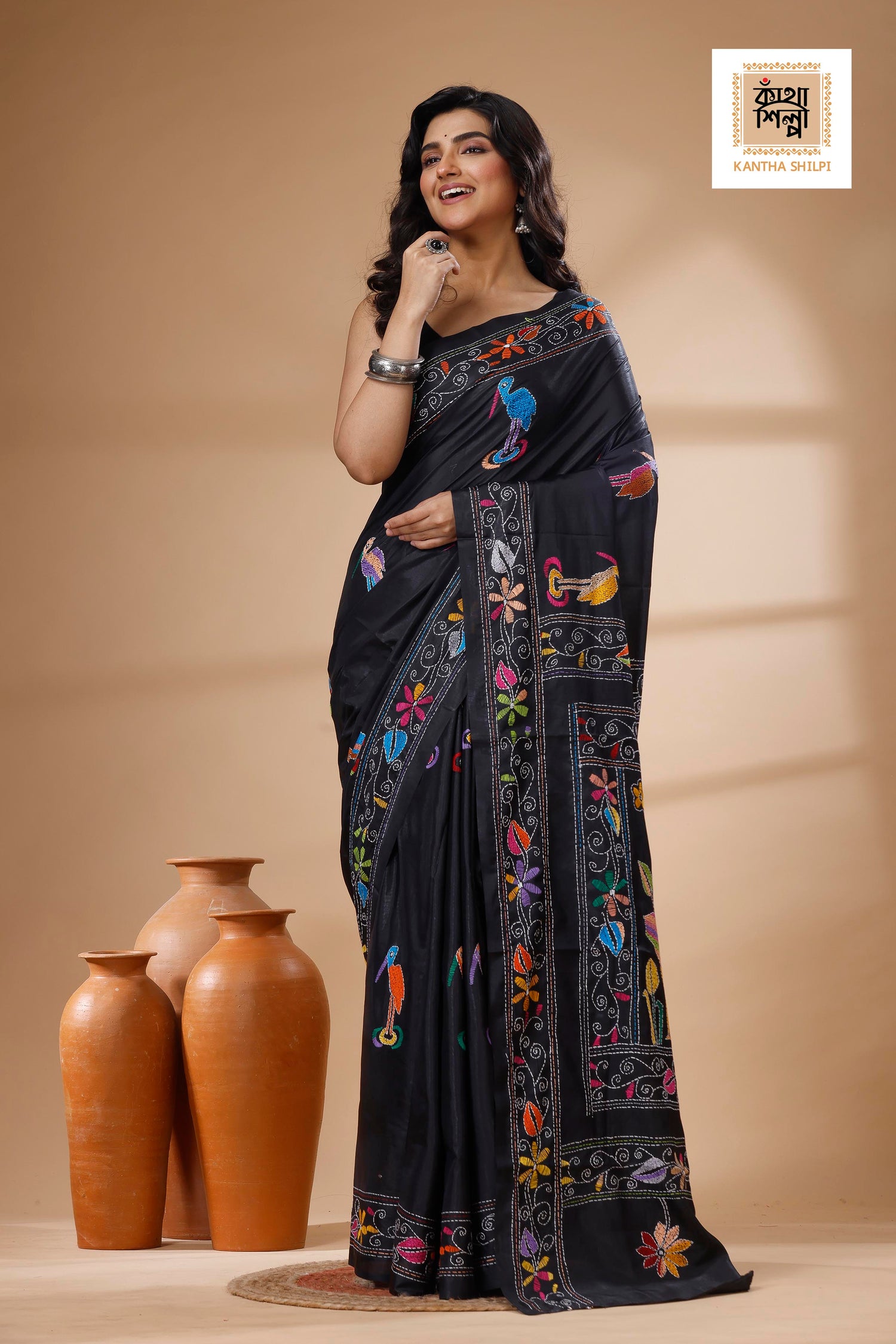 Black Color Bangalore Silk Multicolor Thread Work Kantha Stitch Saree