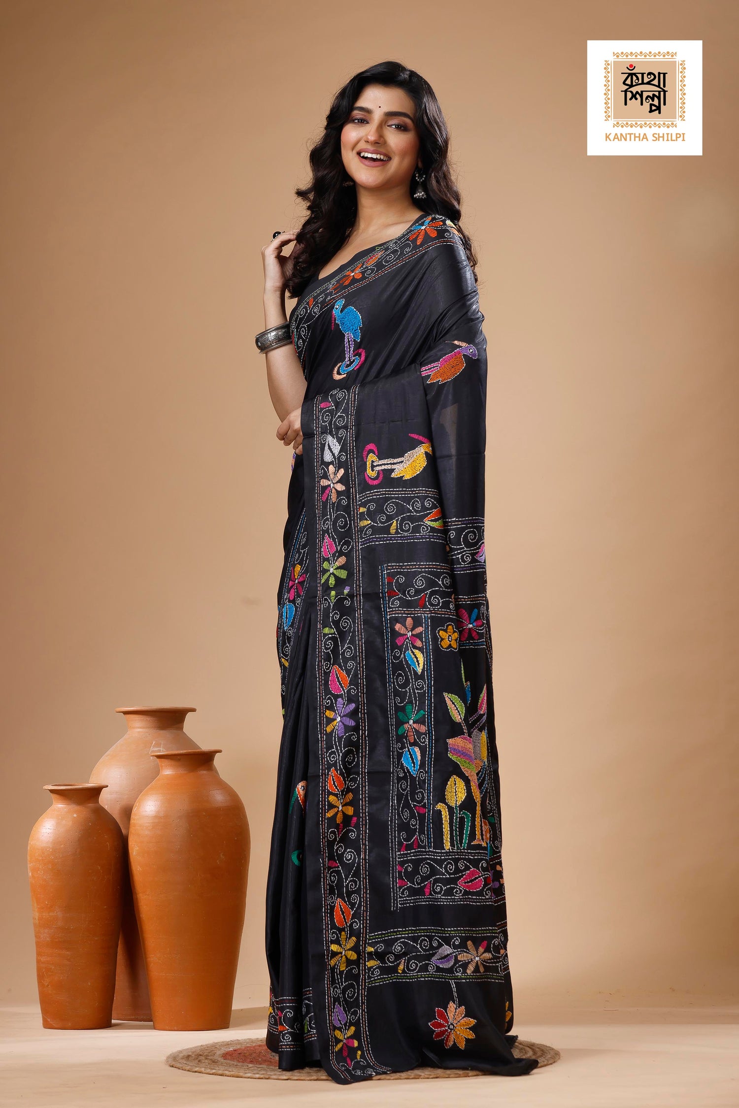Black Color Bangalore Silk Multicolor Thread Work Kantha Stitch Saree