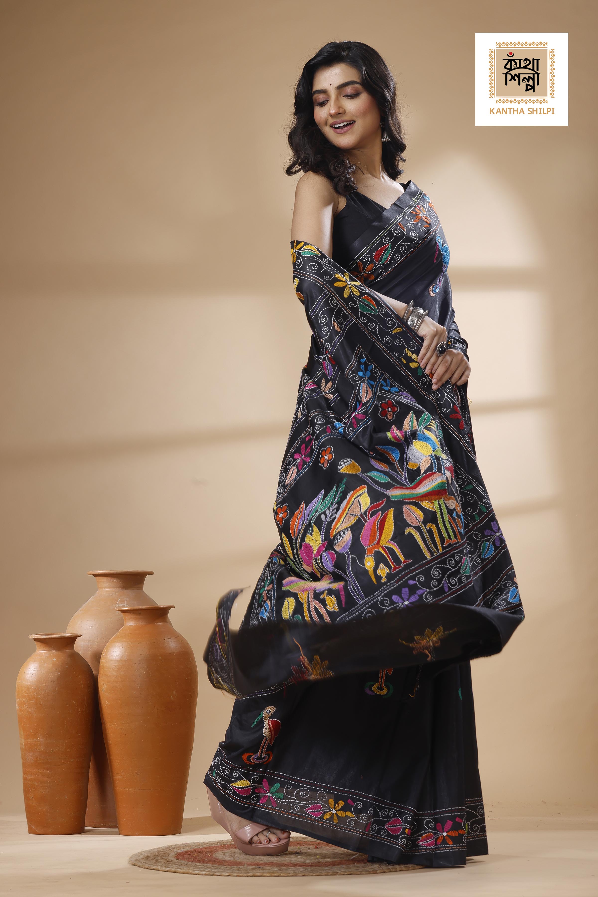 Black Color Bangalore Silk Multicolor Thread Work Kantha Stitch Saree