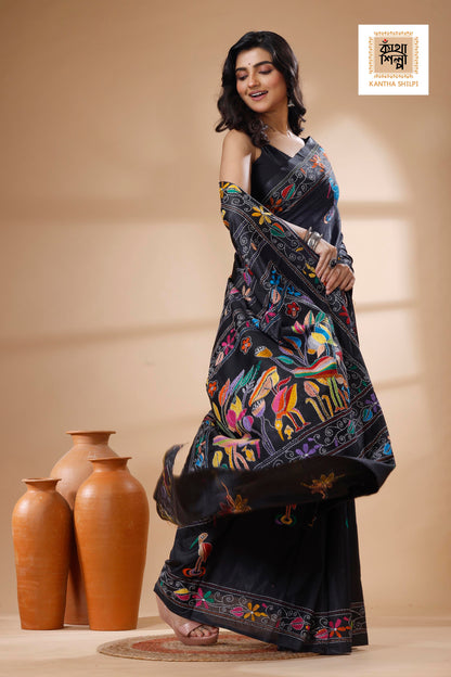 Black Color Bangalore Silk Multicolor Thread Work Kantha Stitch Saree