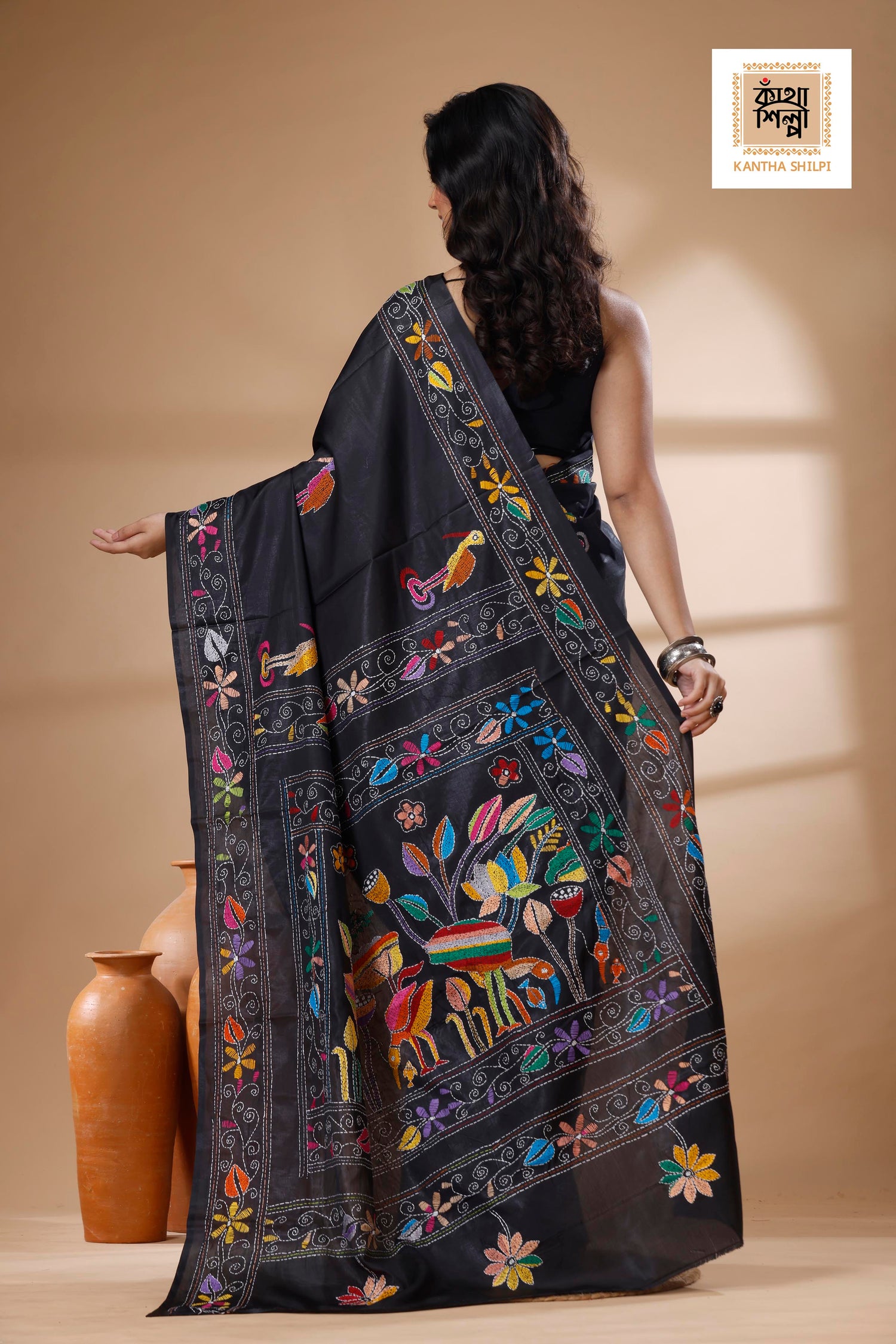 Black Color Bangalore Silk Multicolor Thread Work Kantha Stitch Saree