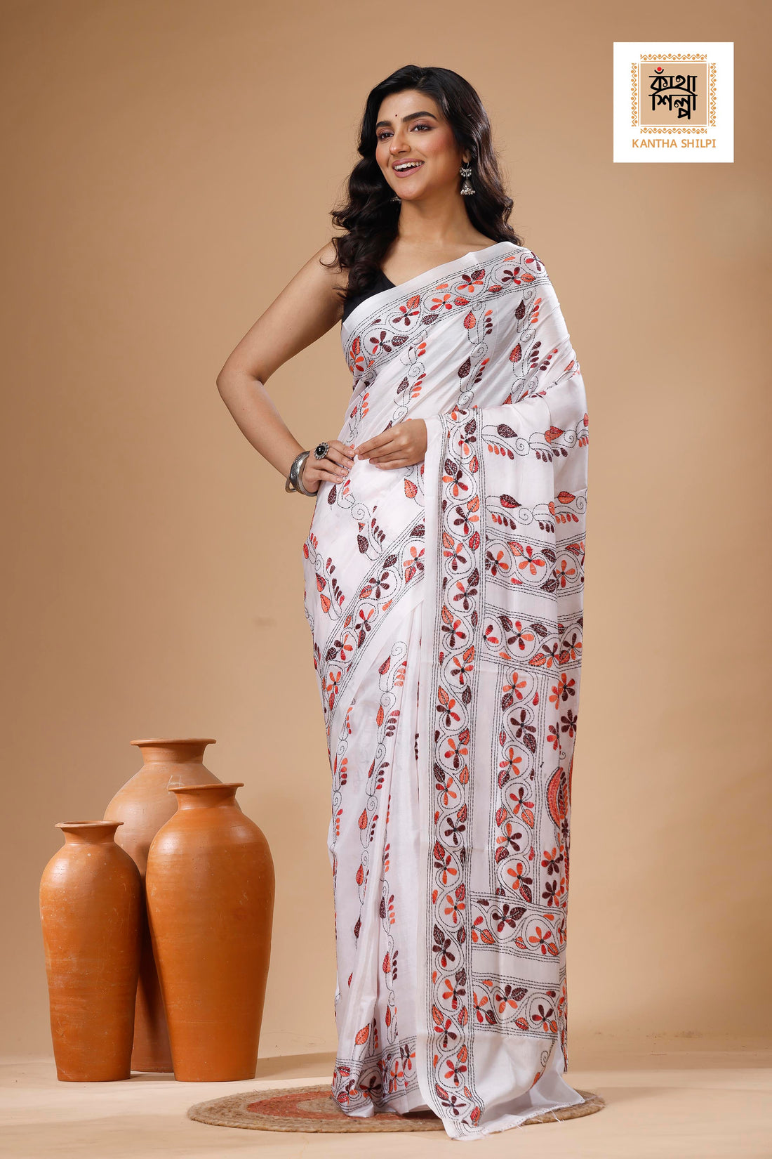 White Color Bangalore Silk Multicolor Thread Work Kantha Stitch Saree
