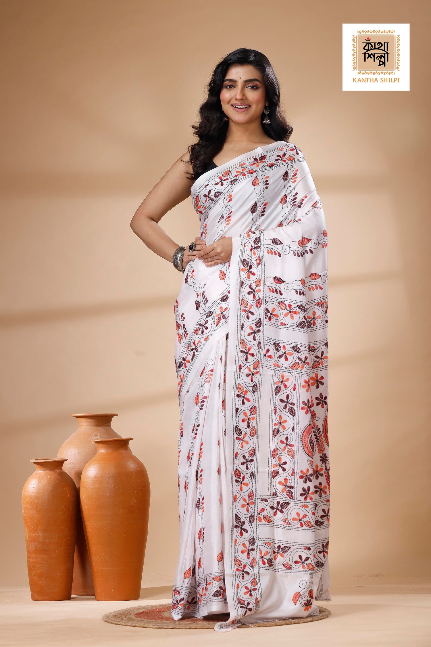 White Color Bangalore Silk Multicolor Thread Work Kantha Stitch Saree