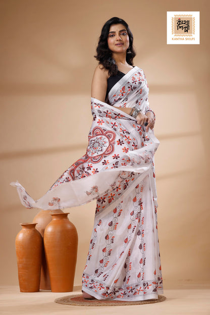 White Color Bangalore Silk Multicolor Thread Work Kantha Stitch Saree