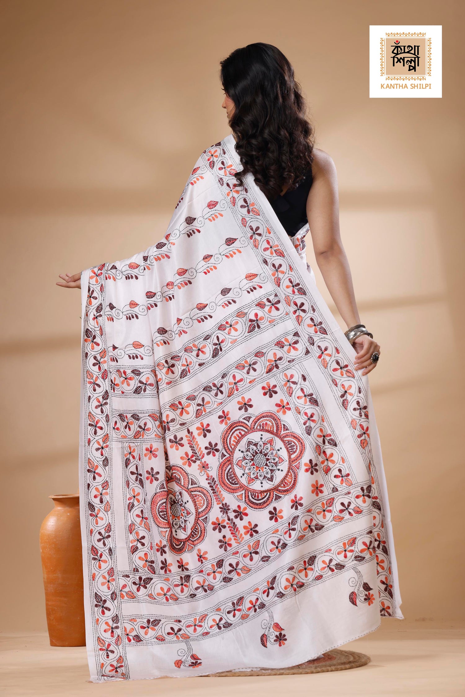 White Color Bangalore Silk Multicolor Thread Work Kantha Stitch Saree