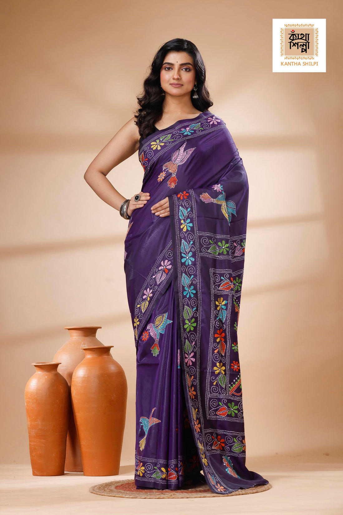 Purple Color Bangalore Silk Multicolor Thread Work Kantha Stitch Saree