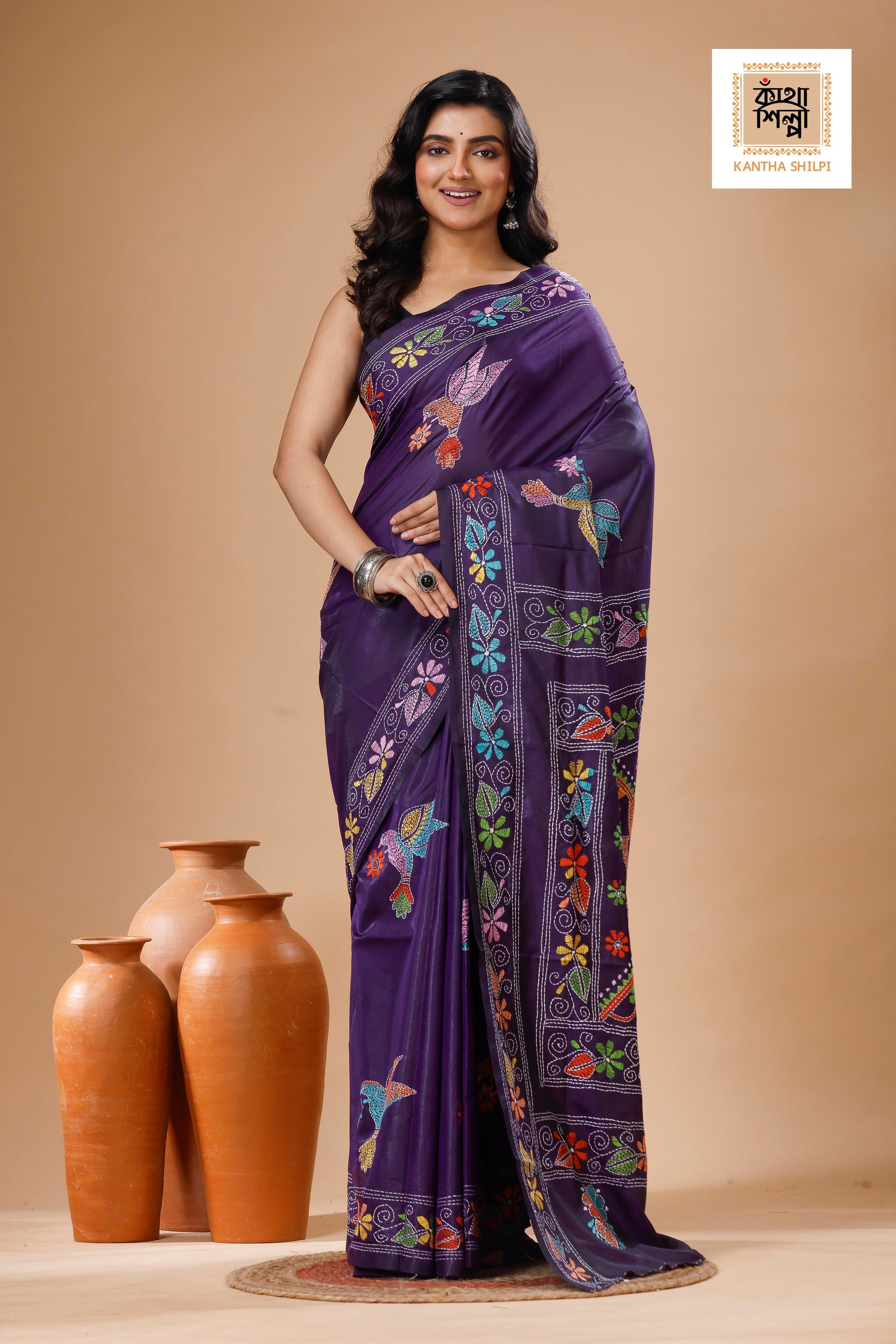 Purple Color Bangalore Silk Multicolor Thread Work Kantha Stitch Saree