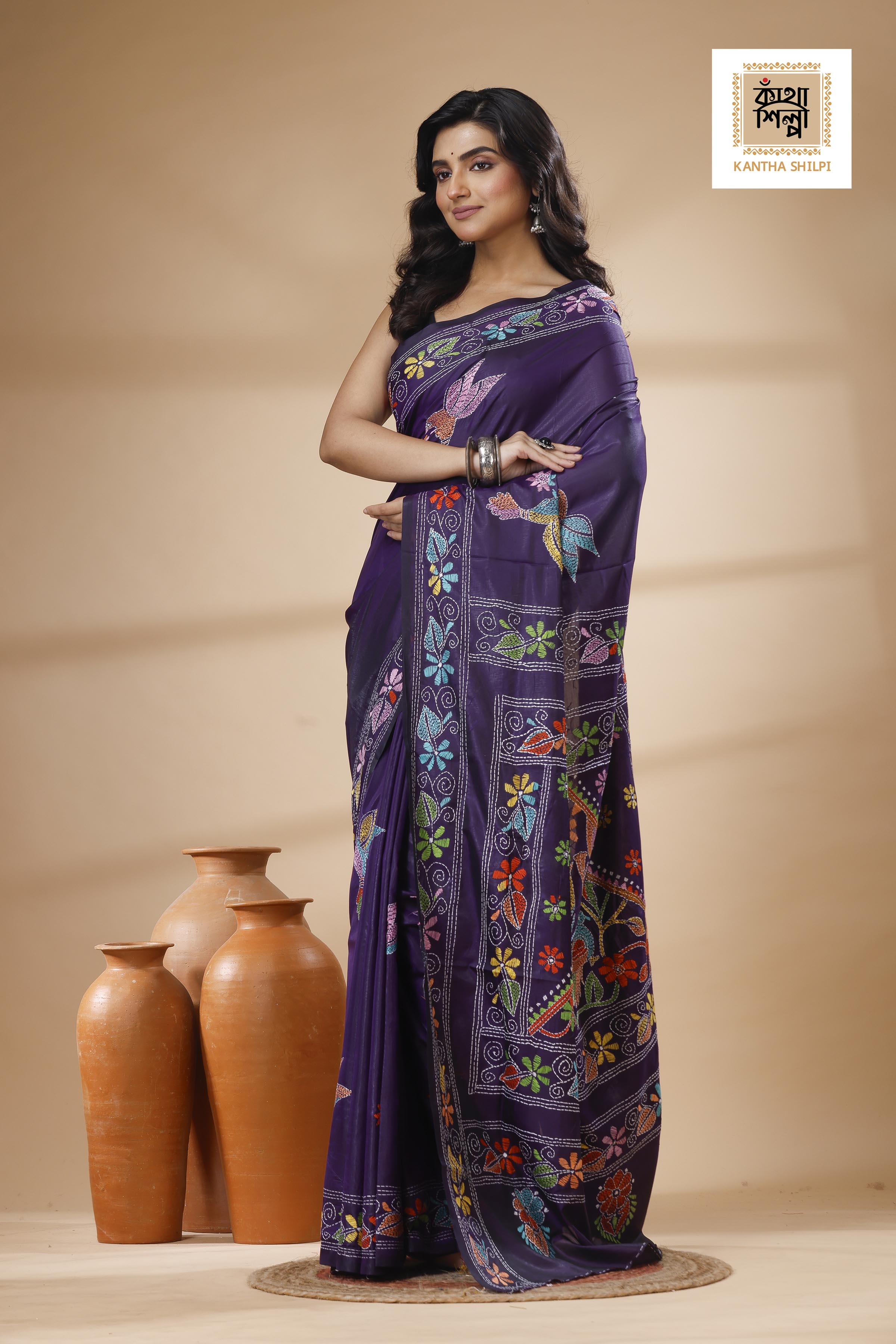 Purple Color Bangalore Silk Multicolor Thread Work Kantha Stitch Saree