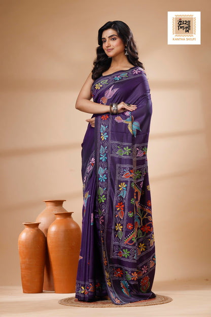 Purple Color Bangalore Silk Multicolor Thread Work Kantha Stitch Saree