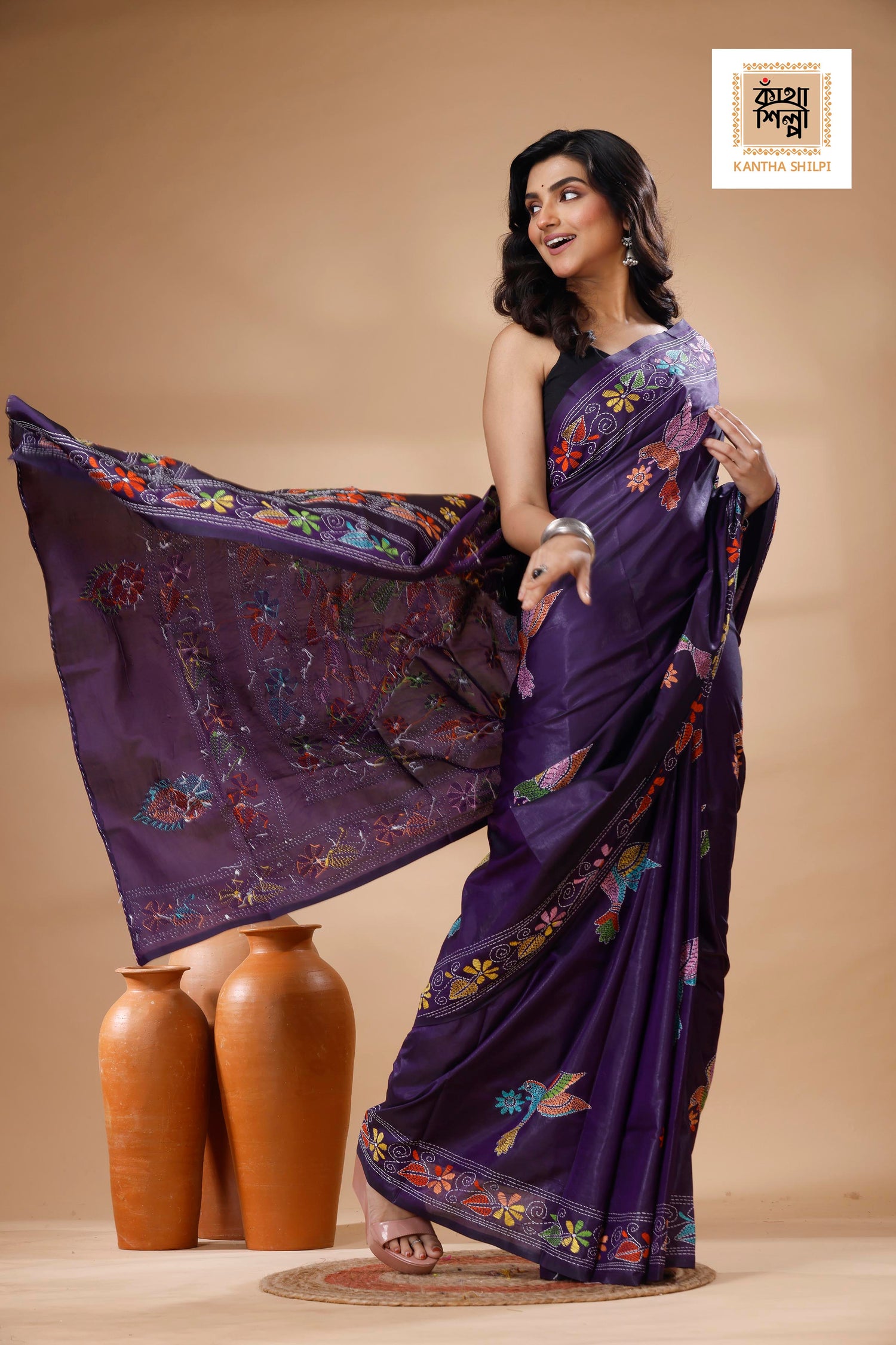 Purple Color Bangalore Silk Multicolor Thread Work Kantha Stitch Saree