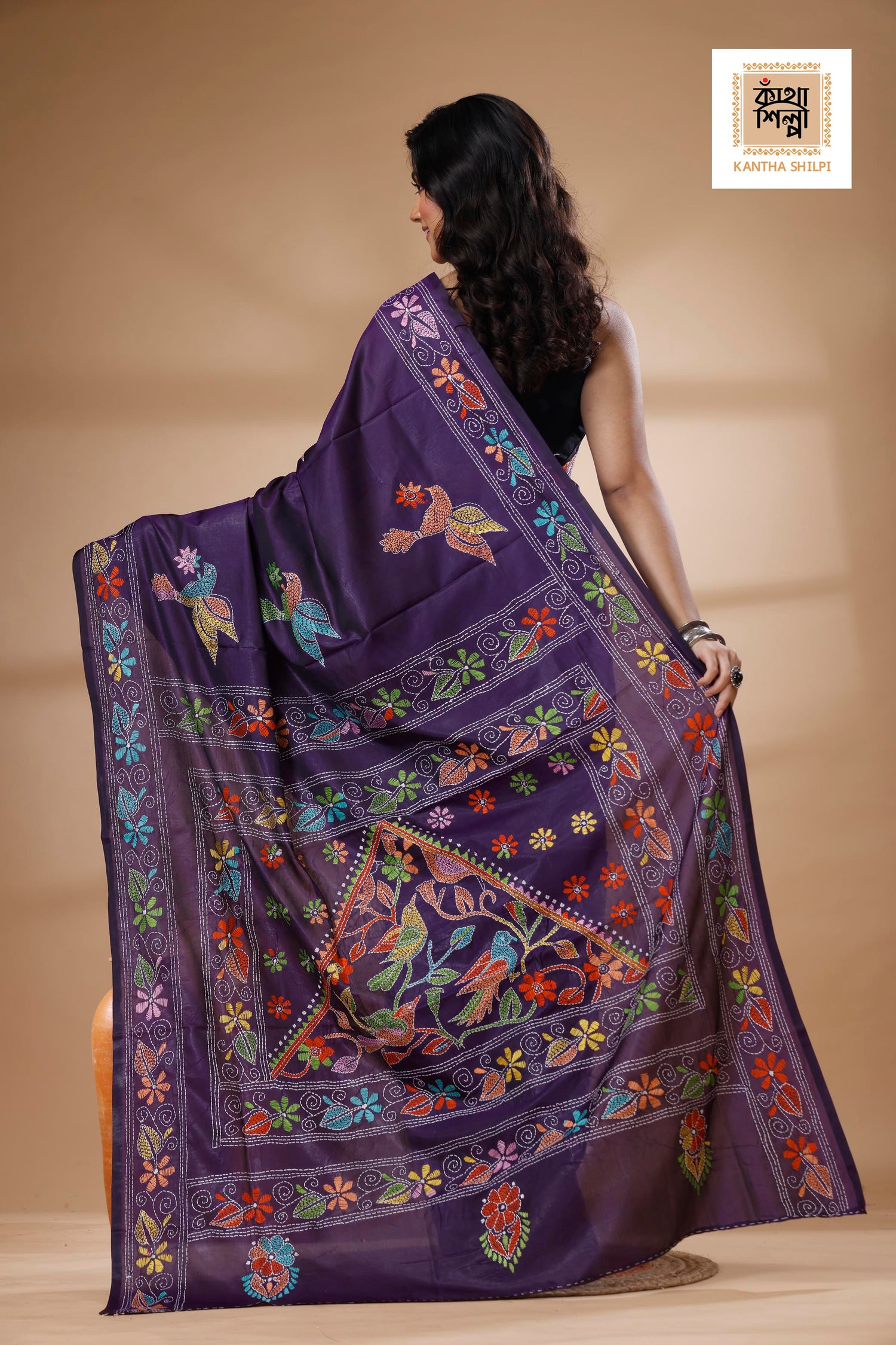 Purple Color Bangalore Silk Multicolor Thread Work Kantha Stitch Saree