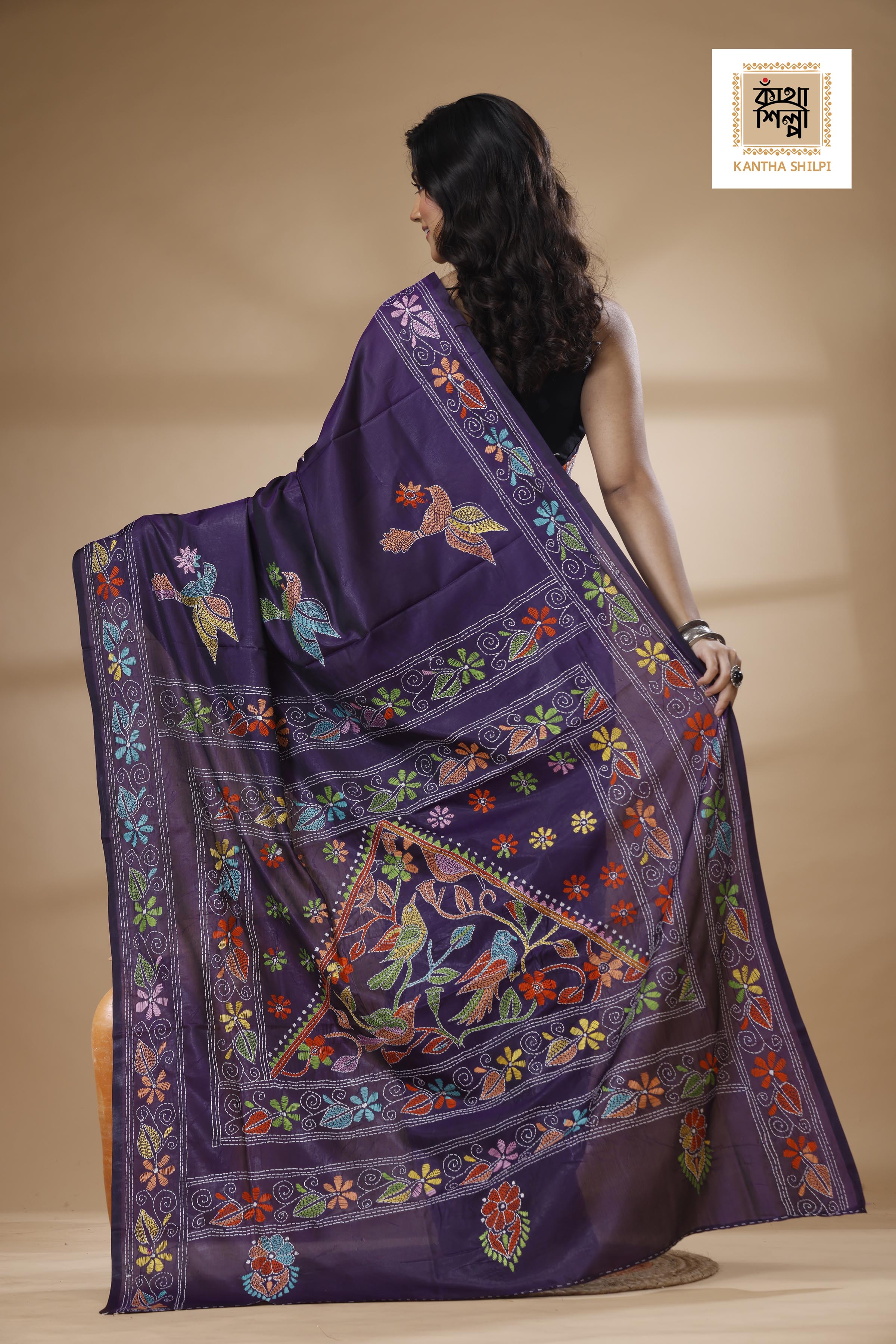 Purple Color Bangalore Silk Multicolor Thread Work Kantha Stitch Saree