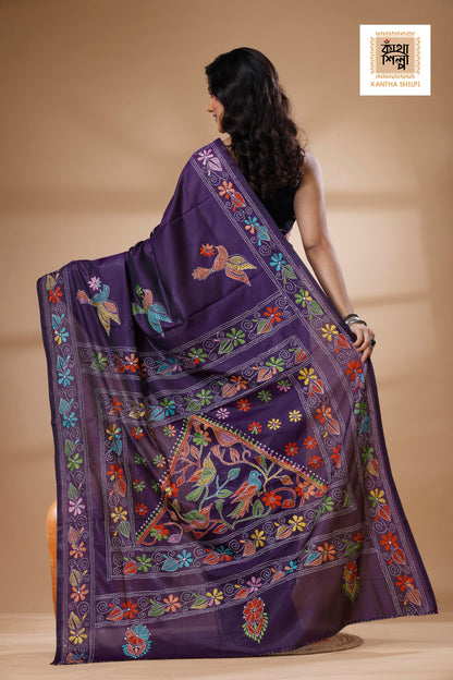Purple Color Bangalore Silk Multicolor Thread Work Kantha Stitch Saree