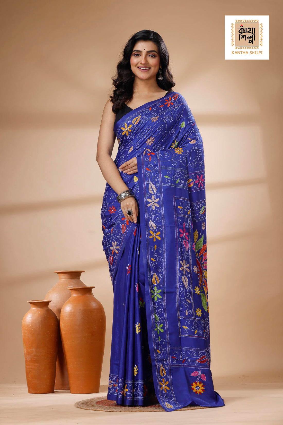 Blue Color Bangalore Silk Multicolor Thread Work Kantha Stitch Saree