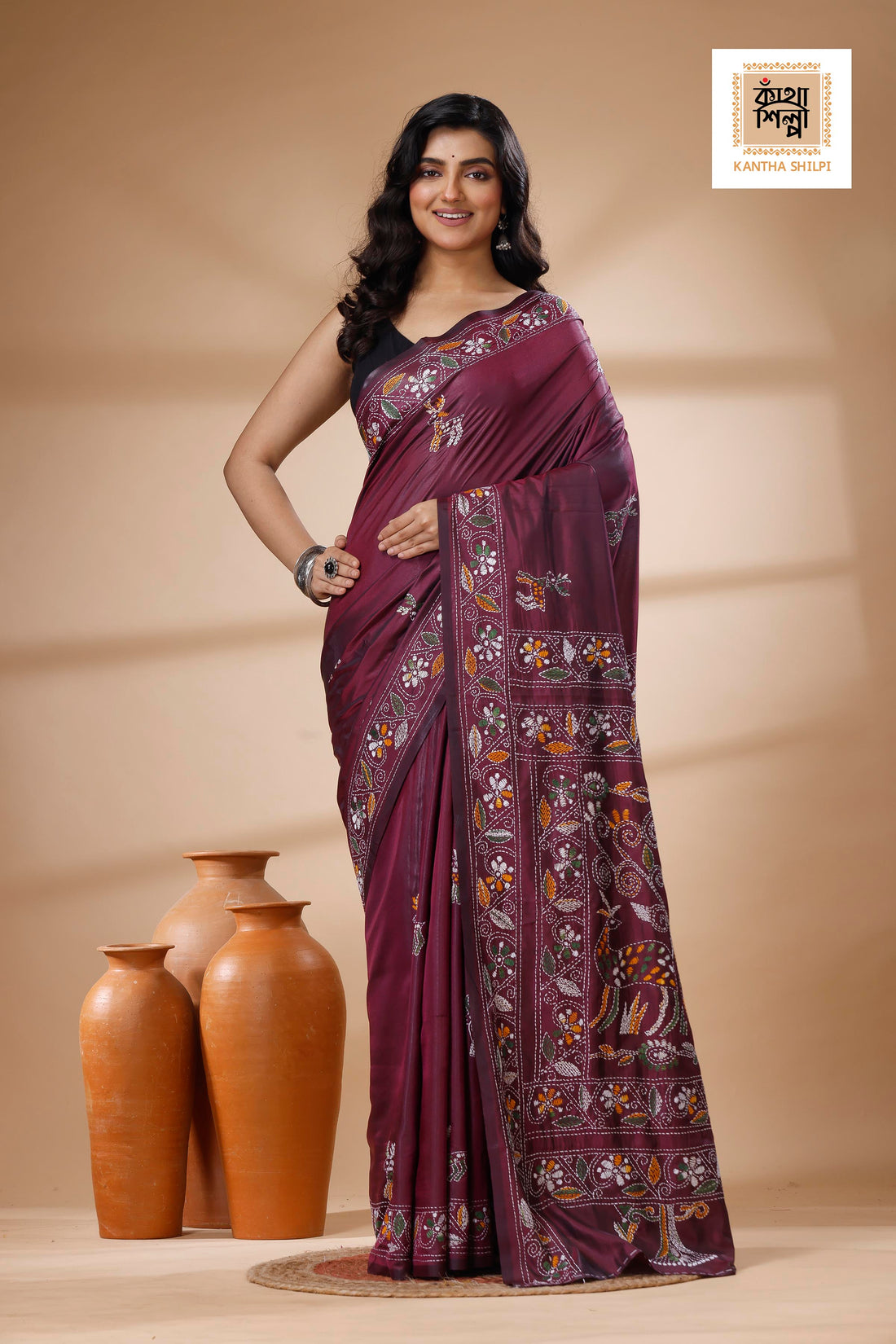 Maroon Color Bangalore Silk Multicolor Thread Work Kantha Stitch Saree