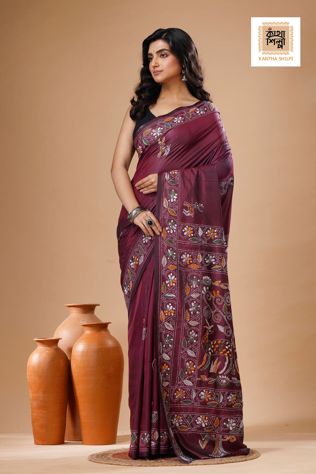 Maroon Color Bangalore Silk Multicolor Thread Work Kantha Stitch Saree
