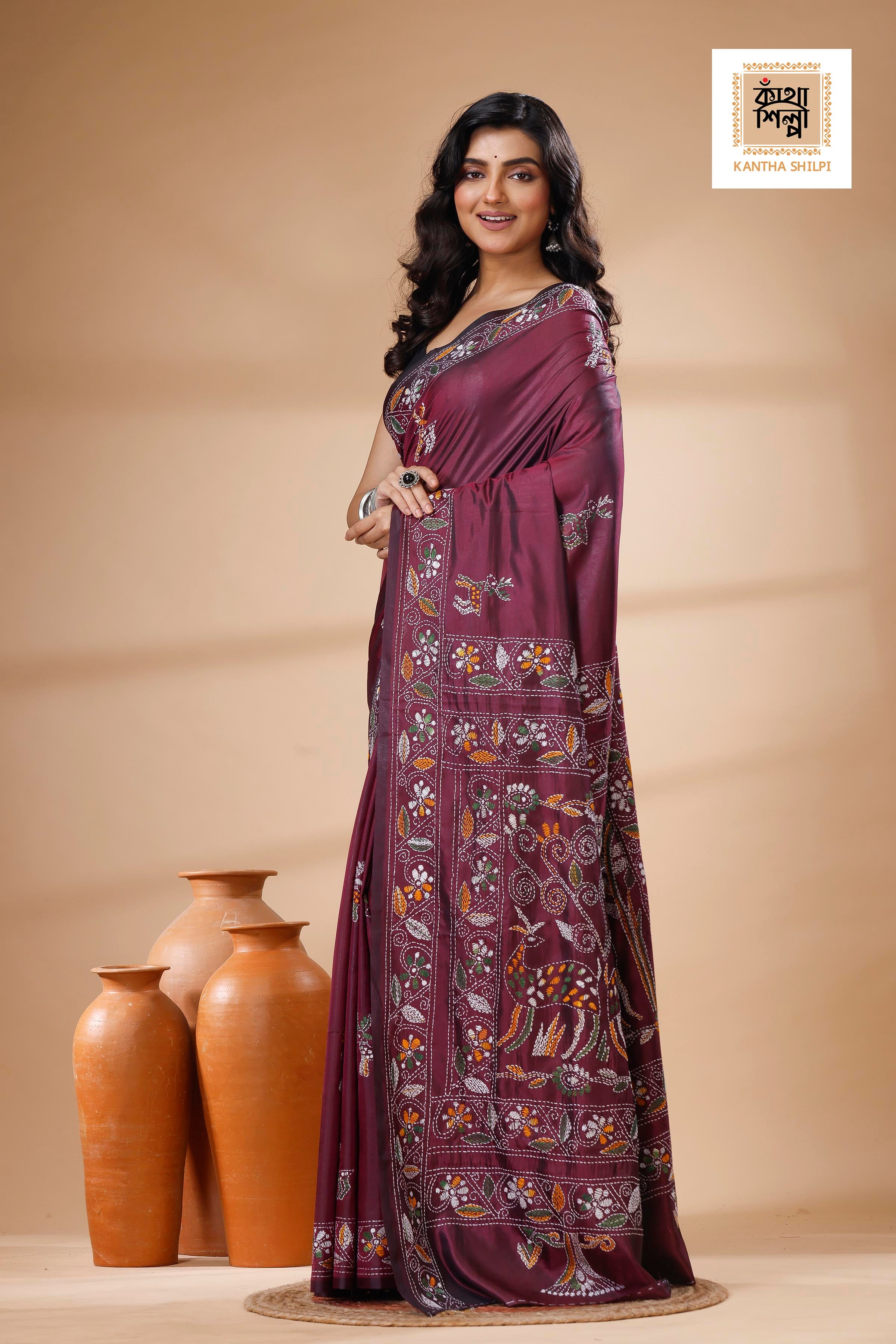 Maroon Color Bangalore Silk Multicolor Thread Work Kantha Stitch Saree