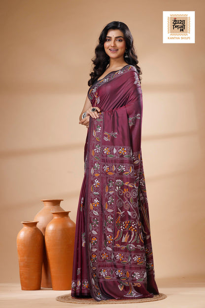 Maroon Color Bangalore Silk Multicolor Thread Work Kantha Stitch Saree