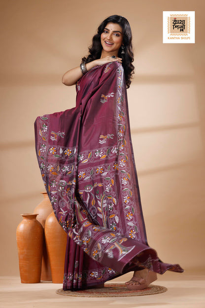 Maroon Color Bangalore Silk Multicolor Thread Work Kantha Stitch Saree