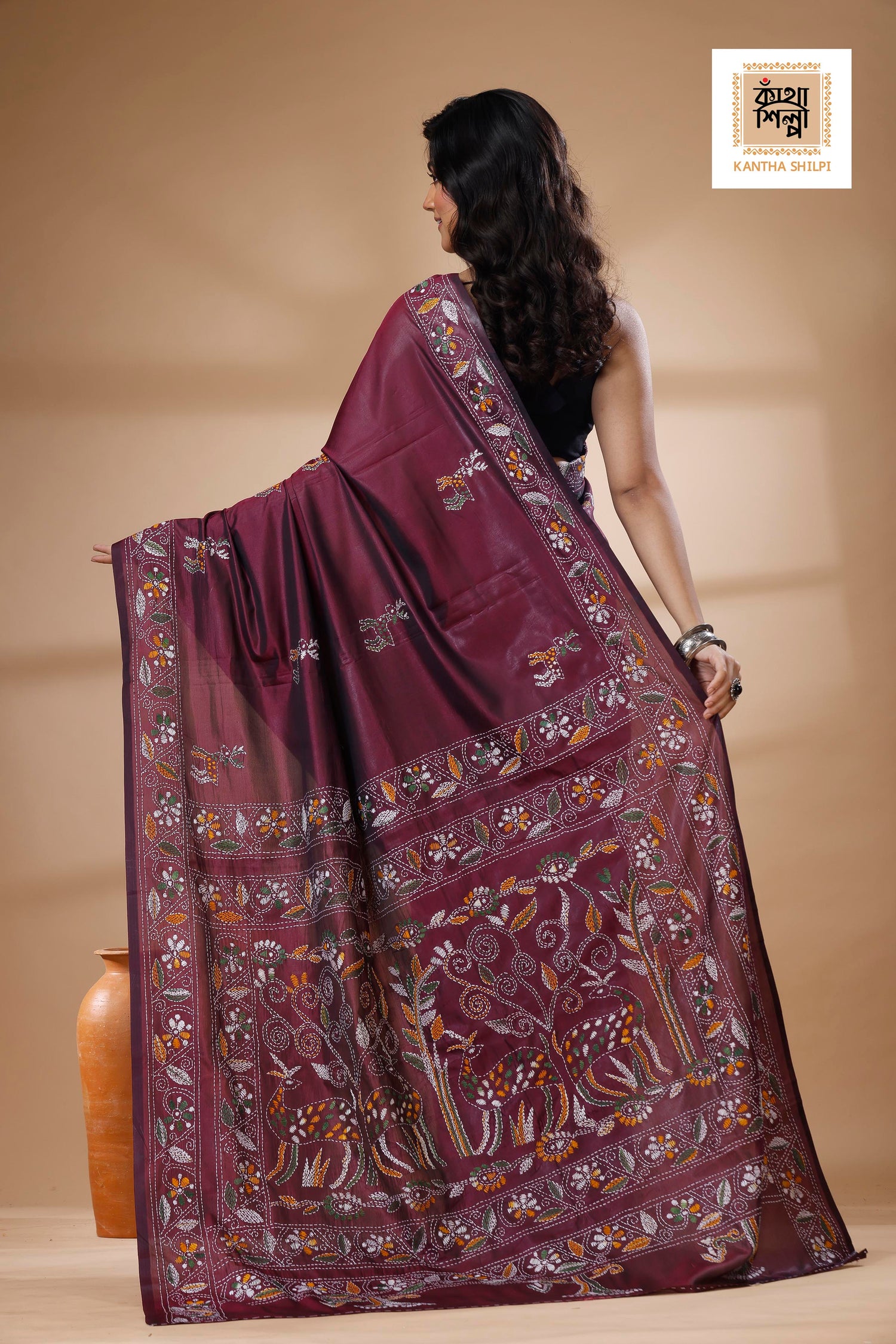 Maroon Color Bangalore Silk Multicolor Thread Work Kantha Stitch Saree