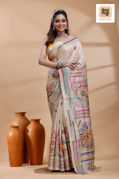 Pure Gachi Tussar Multicolor Thread Work Kantha Stitch Saree