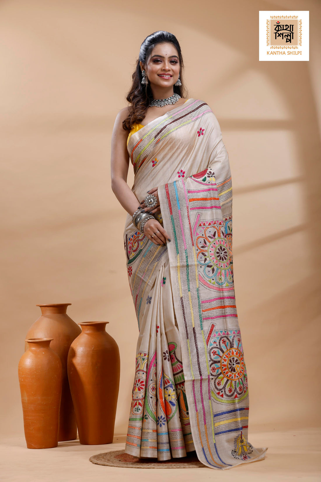 Pure Gachi Tussar Multicolor Thread Work Kantha Stitch Saree