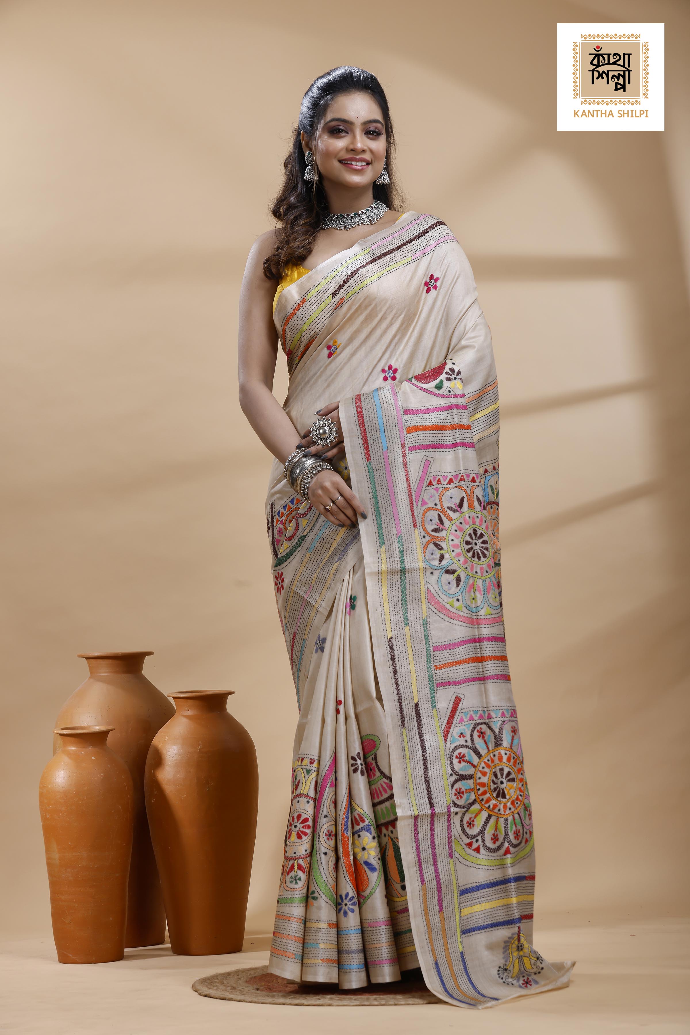 Pure Gachi Tussar Multicolor Thread Work Kantha Stitch Saree